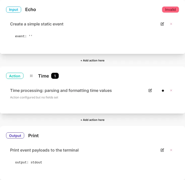Visual editor canvas showing input, actions, and output panels